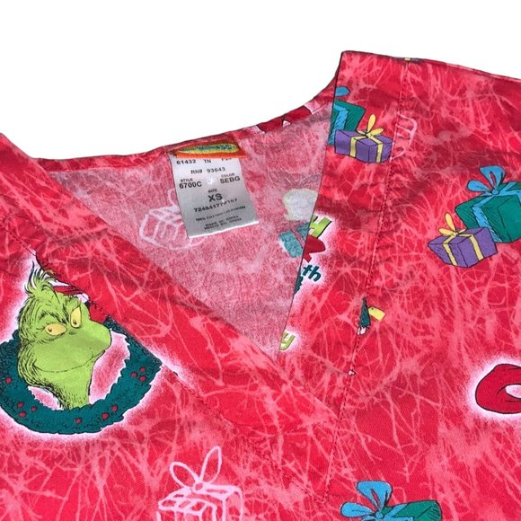 Dr Seuss Grinch 50th Birthday Nurse Scrub Christmas Medical Top Size XS - Picture 5 of 10